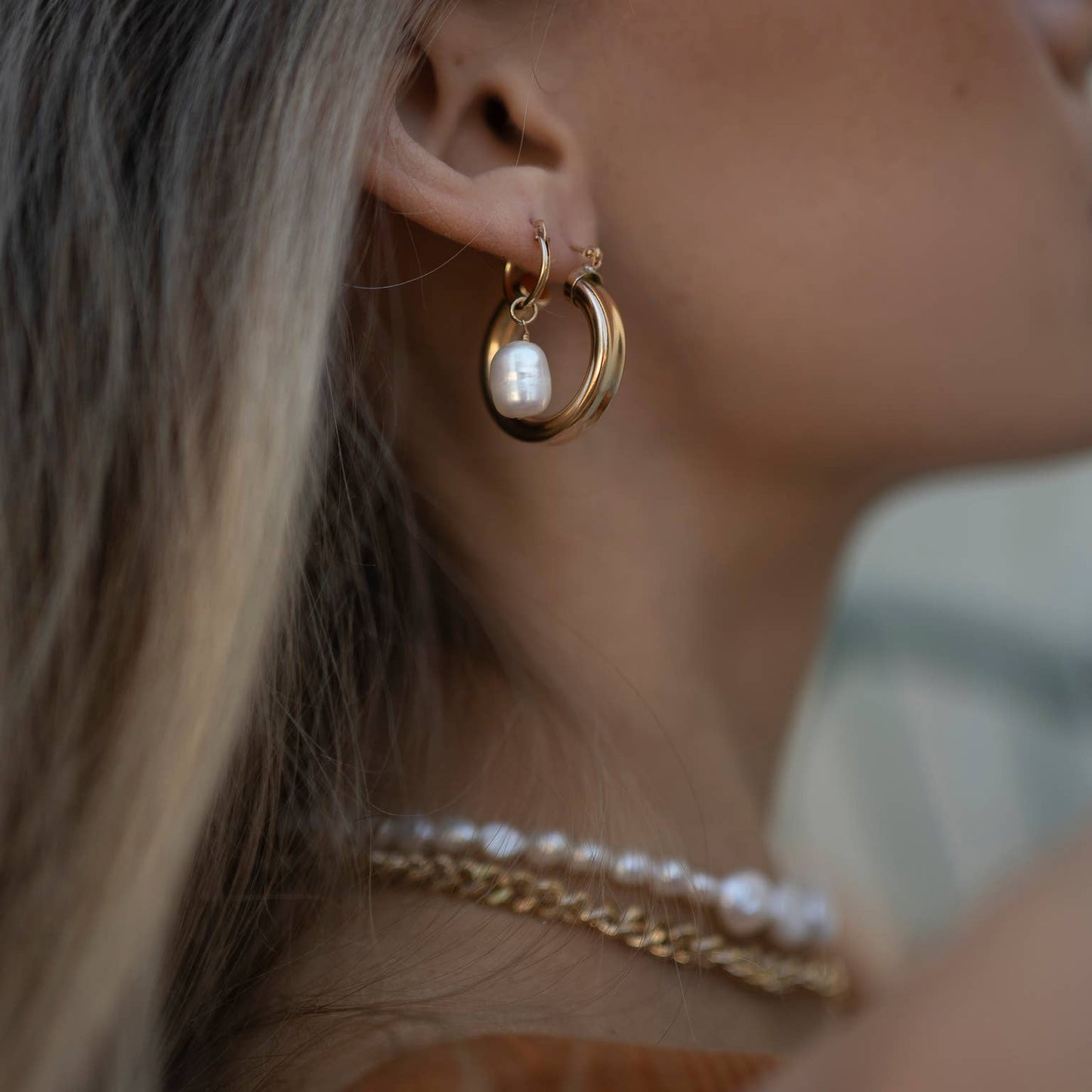 Pearl Drop Hoop Earrings