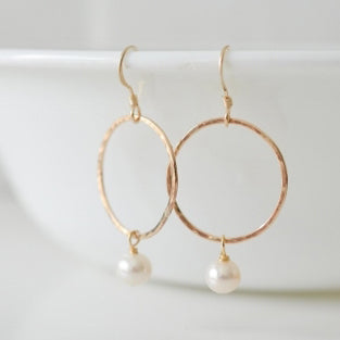 Hammered Pearl Hoop Earrings